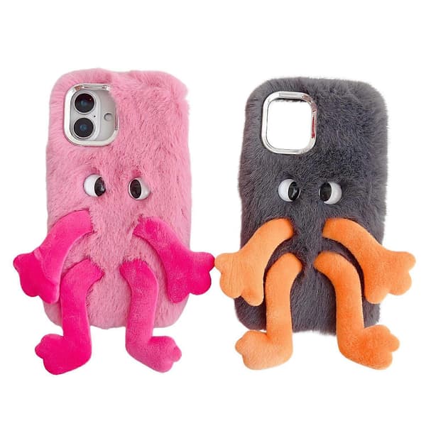 Fluffy telefoncover med lange ben og udtryksfulde øjne i TPU til iPhone 16 - Sort
