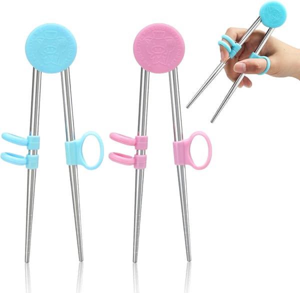 2 par træningsspisepinde til børn, børn og voksne, spisepinde i rustfrit stål, genanvendelige metalspisepinde (blå, pink)