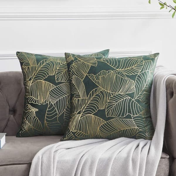 Kuddfodral 50x50cm Sammet Guld Blad Kuddfodral Grönt Dekorativt Kuddfodral Överkast Kudde för Soffa Sovrum Vardagsrum Set om 2