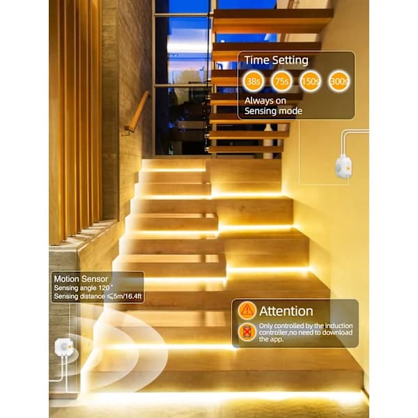 LED-belysning for garderobe med bevegelsessensor, USB-tilkobling, varmhvit, trappebelysning, garderobebelysning, 5m, ingen app