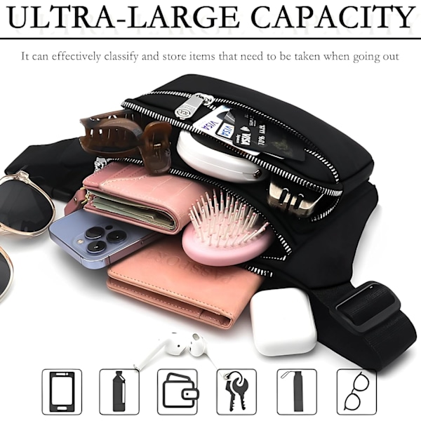 Vyölaukku, vedenpitävä 4 vetoketjutaskua Fanny Pack juoksuun Vyölaukku Säädettävä vyö Vyölaukku ulkoiluun, urheiluun, patikointiin, matkustamiseen (musta)