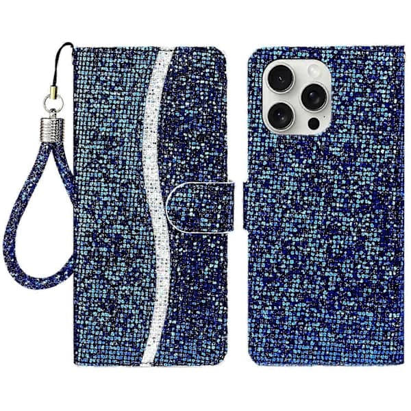 For iPhone 16 Pro Case PU Leather Wallet Card Slot Glitter Phone Case - Blue