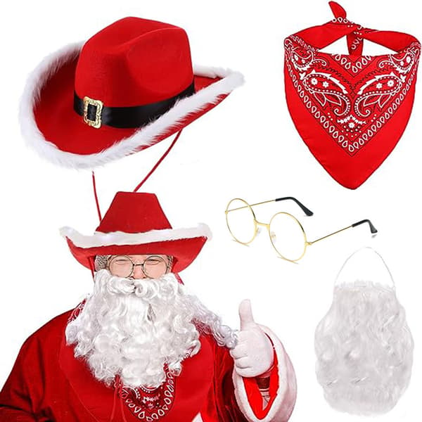 4 pcs Santa Costume Cowboy Hat White Beard Costume