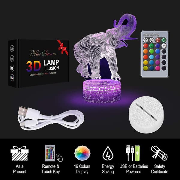 Elefant 3D optisk illusjonslampe, 3D nattlampe, elefantgave bursdagsgave