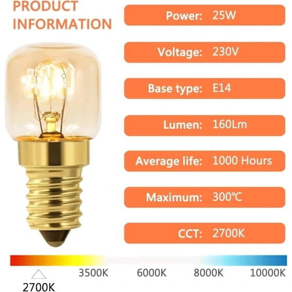 10-pack Dimmable E14 Oven Bulb, Edison E14 T22, Withstands up to 300 Degrees, 2700K Warm White, 160LM, AC 220V