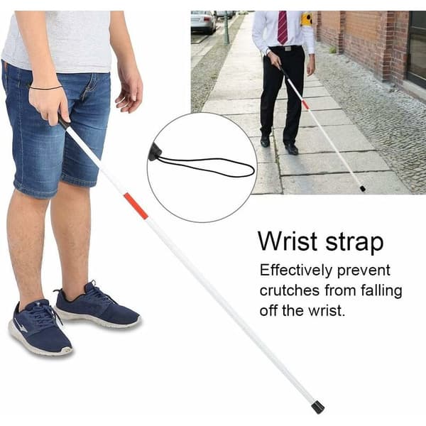Fällbar käpp - Vit käpp, lång fällbar käpp för rörlighet, fällbar käpp, röd reflekterande vit käpp för blinda och synskadade