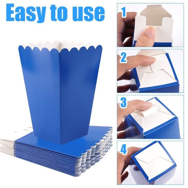 Mørkeblå popcornæsker i papir - 24 stk., 11,5×7×5cm, foldbare, til bryllupper, fester og biografer - Velegnet til arrangementer, Etiket