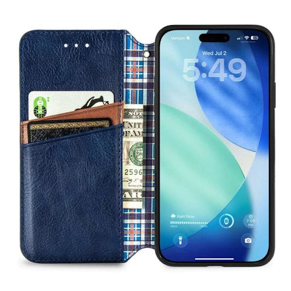 iPhone 17 Etui Læderetui med Kubisk Ternmønster og Magnetisk Lukning Blå Blå