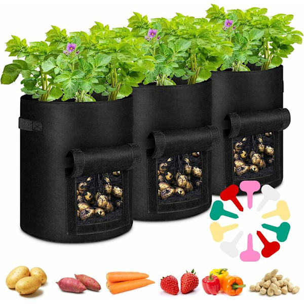 Potatisodlingsväskor 3-pack Trädgårdsodlingsväskor 7 gallon Icke-vävd väska Odla väskor Odla väskor för potatis Tomater Jordgubbar Grönsaker