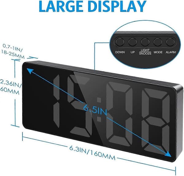 Large LED Display, USB/Battery Powered Alarm Clock with Temperature, Snooze, Date, 3 Adjustable Brightness Levels, Voice Control, for Bedroom