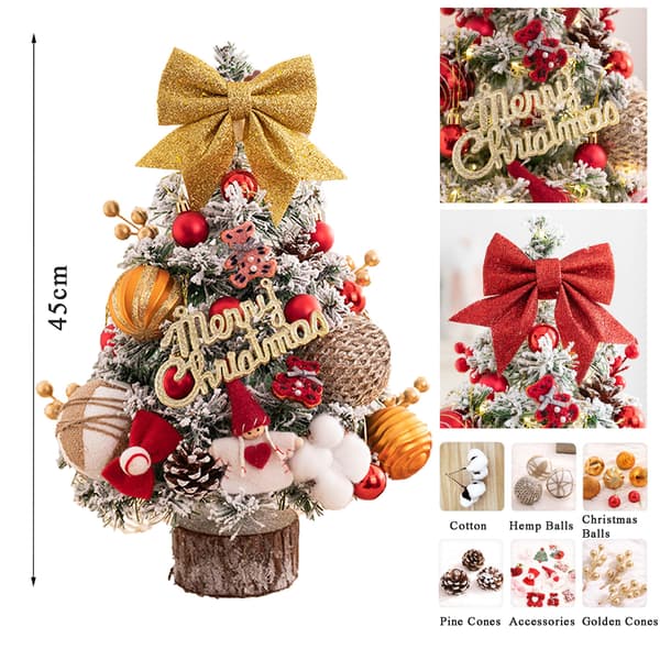 45 cm Mini Christmas Trees with Lights, Realistic Artificial Christmas Tree with Bows, Christmas Balls and Pine Cones, Mini Desktop Decoration Tree
