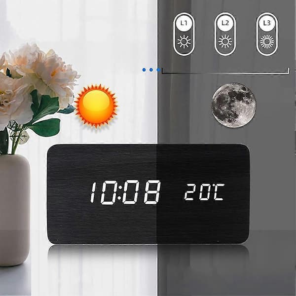Træ LED Vækkeure Elektronisk Ur Lydkontrol Digital Display Skrivebordskalender Bordur