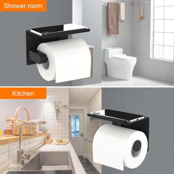 Selvklæbende toiletpapirholder uden låg med mobiltelefonhylde, rustfrit stål, sort
