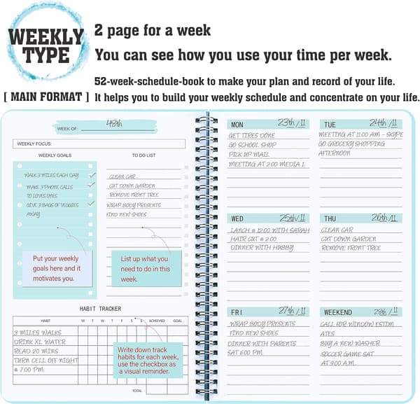 Weekly Planner with Habit Tracker, Undated 52 Weeks To Do List Notebook Spiral Weekly Planning Book, Blue