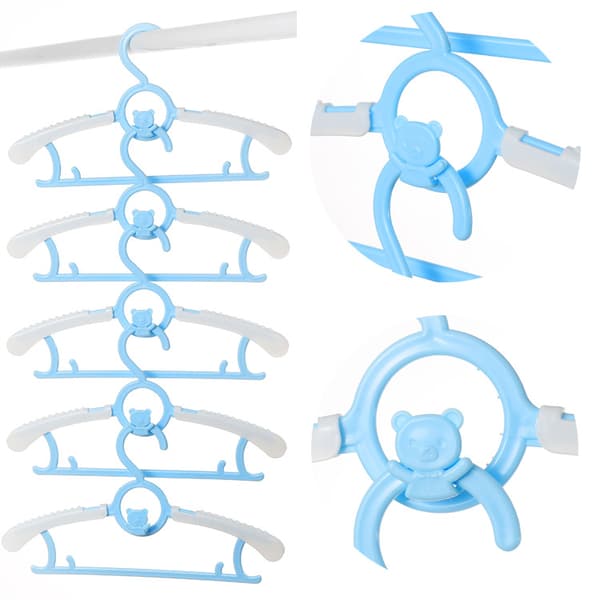 (Blue + White) 5-pack Stackable Children's Clothes Hangers with Bear Hooks, Non-slip Children's Clothes Hangers, Baby Clothes Hangers, Space-saving