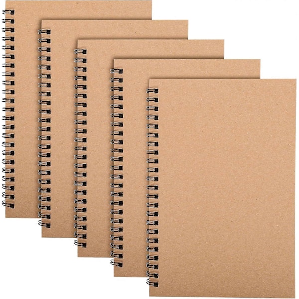 5-pak Spiralblok A5, 120 sider/60 ark Kraftomslag Spiralbundne notesbøger Bulk Journals, 21 x 14 cm Linjerede Notesbog LGL