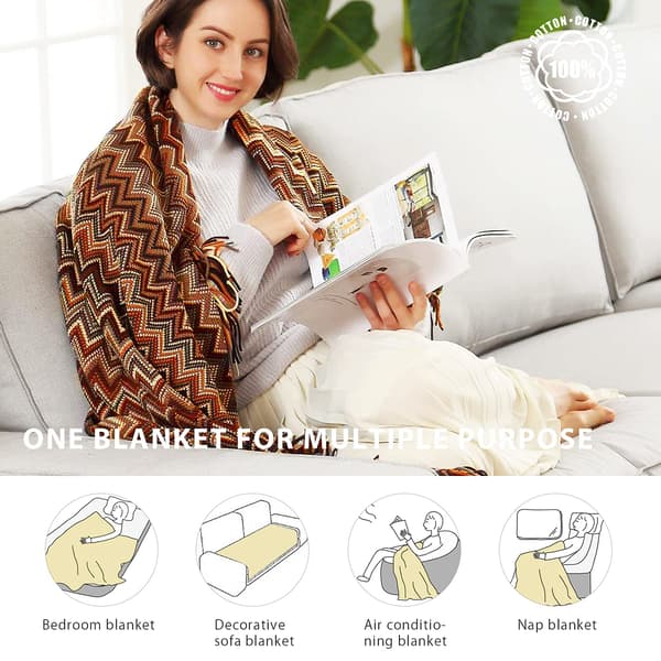 Knitted Blanket with Tassels Houndstooth Boho Plaid Cozy Blanket Knitted Throw Blanket Decorative Blanket for Sofa Bed blue 127*180cm