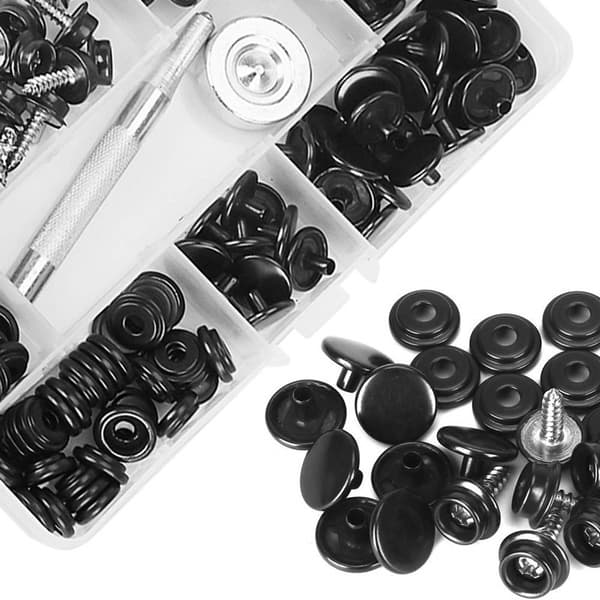 150 stk svarte 15 mm rustfrie trykknapper med verktøy