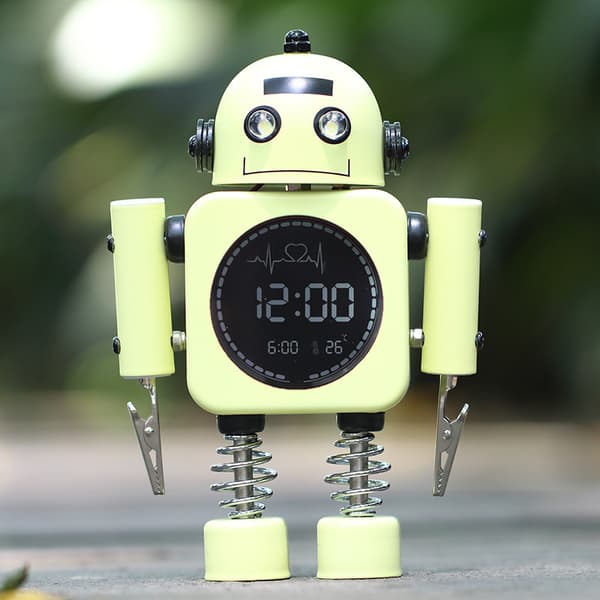 Stille robotvekkerklokke, digital skjerm, lysende for studenter
