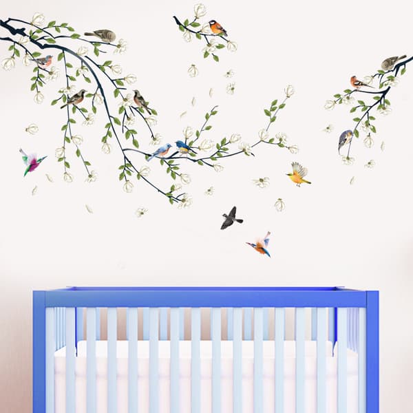 decalmile Birds on Tree Branch Wall Decals Blooming Flower Wall S