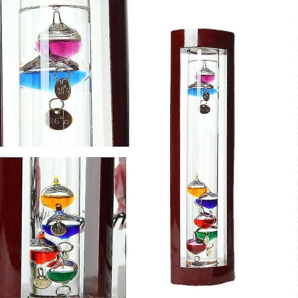 Galileo Termometer i Glas - Flerfarvede Sfærer - Kirsebærtræsramme - Elegant Design