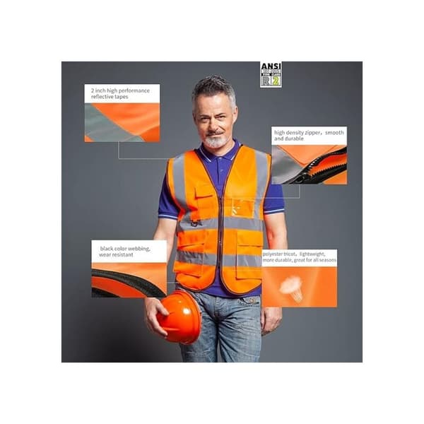 Reflective Safety Vest with Zipper Pockets, ANSI/ISEA Compliant, Orange, Size L