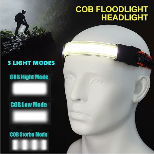 COB-hodelykt, oppladbar LED-hodelykt med superslank profil, 260° bred stråle, vanntett, 3 moduser