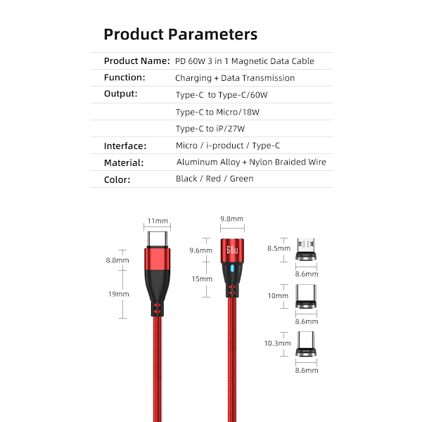 2-pack USB-C 2m 3-i-1 Magnetisk laddningskabel 60W snabbladdning Black Svart