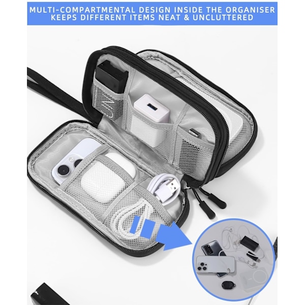 Vedenpitävä kaapelijärjestäjä matkoille, kannettava kaapelikotelo latureille, USB-muistille, SD-korteille ja adaptereille, musta Black