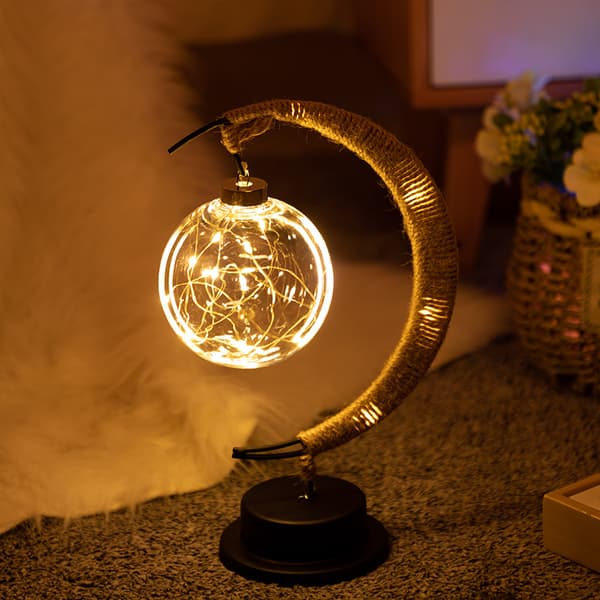 LED Moon Shaped Light Battery Box Hemp Rope Iron Rattan Ball