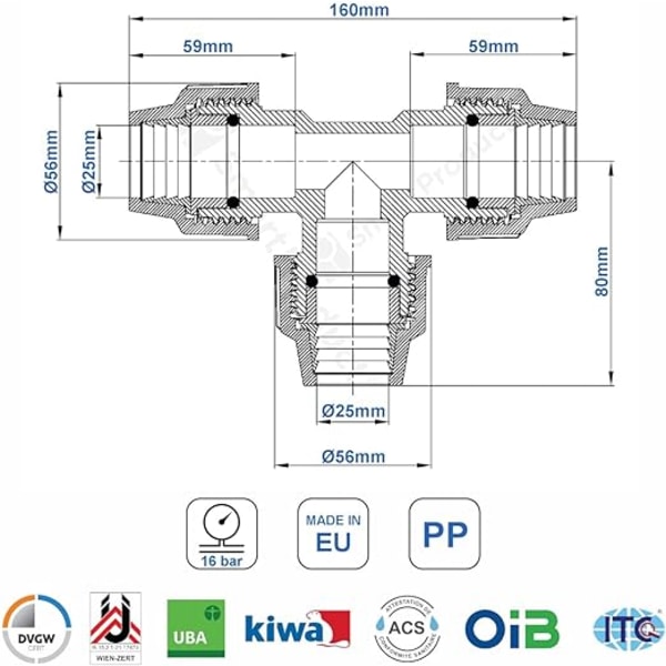 3 kpl 25 mm T-muoviputkiliittimet - PN16 puristusliittimet -