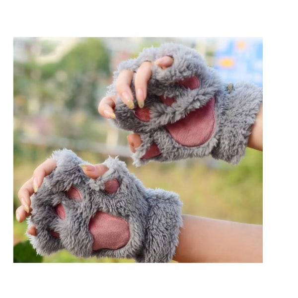 Söt katt kattunge tassar plysch fuskpäls fingerlösa handskar för flickor kvinnor (grå)