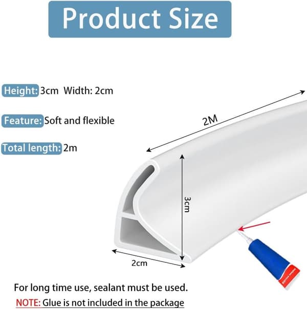 Foldable Silicone Shower Barrier, Flood Protection, White, 3 cm High x 2 cm Wide, 2M