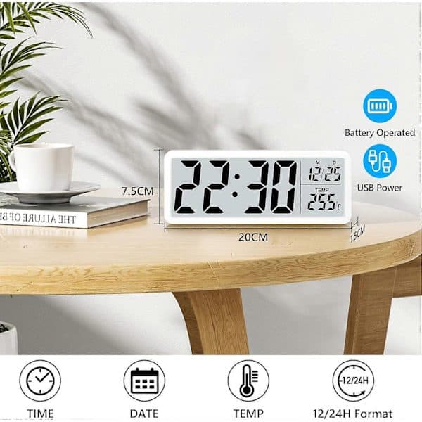 Digital Wall Clock Battery Operated, Wall Clock Digital Clock with Large Digits, Temperature Display, White (FMY)