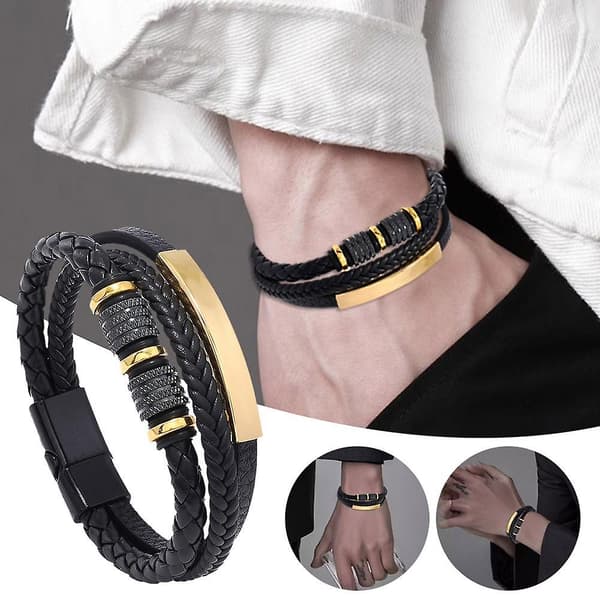 Men's Retro Punk Titanium Steel Leather Multi-layer Braided Rope Magnetic Bracelet