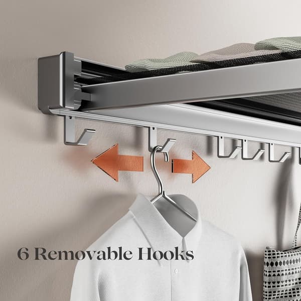 Vægmonteret tørrestativ, foldbart vasketøjstørrestativ, 44 cm bredt foldbart aluminiumstativ med 6 håndklædekroge - Grå