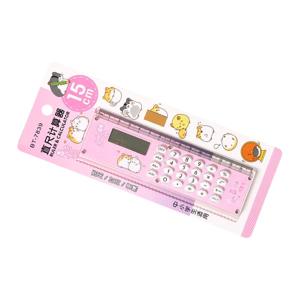 Small Calculator Stylish Cute Ruler Portable Acrylic Material Silicone Buttons External Battery Calculation Tool Pink
