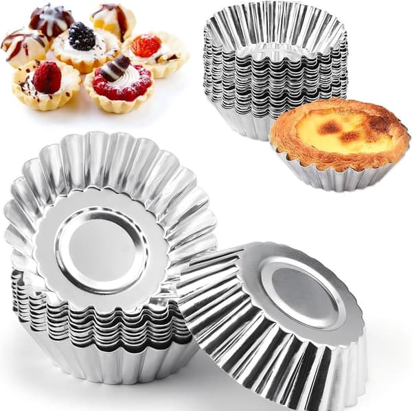 Mini Pie Molds 30-pack, Reusable Aluminum Alloy Baking Cups with Non-stick Coating, for Baking Cakes, Muffins, Desserts in Oven, Silver