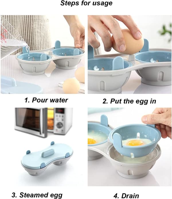 1-delt dobbelkopp eggkoker, mikrobølgeovn eggkoker, mikrobølgeovn eggkoker, for raskt å tilberede perfekte og næringsrike dampede egg