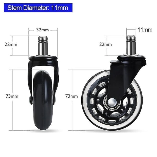 Kääntyvät kumipyörät toimistotuoliin, pyörän vaihto, 60 kg, pehmeät ja turvalliset inline-pyörät, 11 mm, 2 kpl