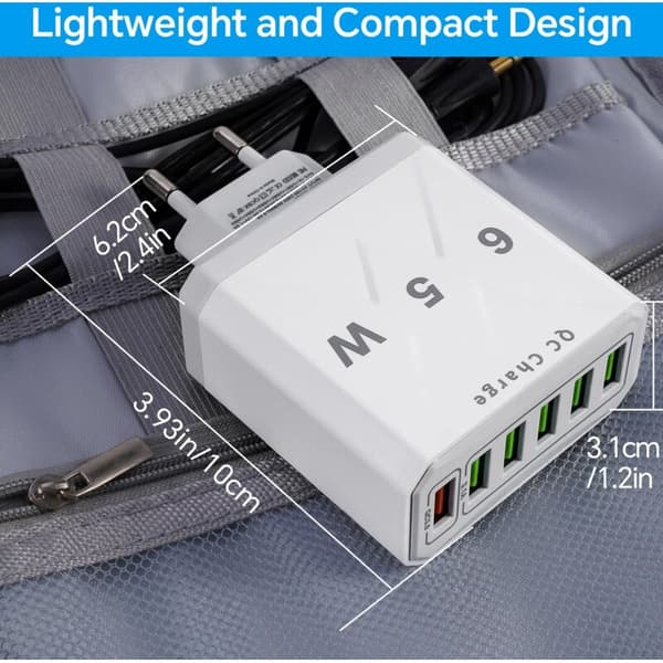 Multi-USB-lader, 65W 6-porters USB-hurtiglader med QC 3.0 Smart Hurtiglader, Universal USB-A Strømadapterlader for 15 Pro Max, 14 Plus (FMY)