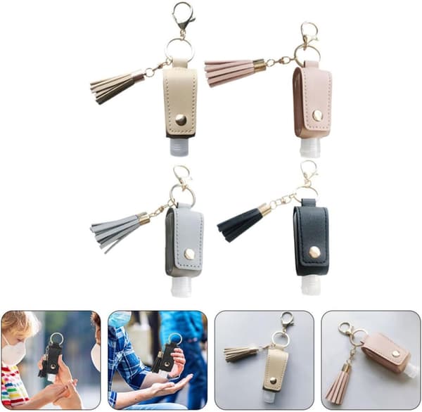 4-pack nyckelringar i läder med 30 ml påfyllningsbara flaskor, bärbara och lämpliga för resor utomhus, inklusive tofs och handhållare