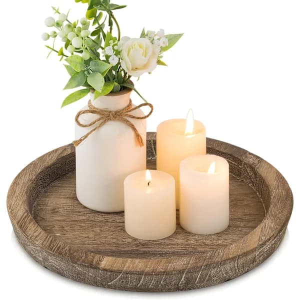 Runde dekorative lysfade, rustikt bord til jul, bryllup, halloween, boligindretning (slidt)