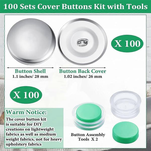 100 Set Covered Buttons Kit with Tools Size Buttons to Cover Yourself Covered Buttons DIY Fabric Clothing