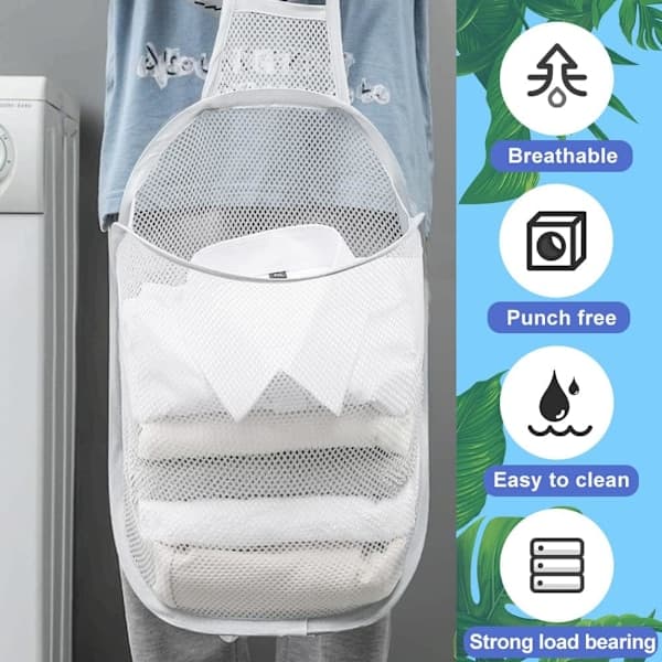 Hanging Laundry Hamper, Large Pop-Up Laundry Storage Basket White Mesh Laundry Basket Foldable Laundry Hamper with Handles (60 x 40 cm)