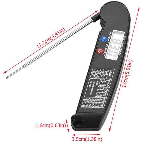 LCD Digitalt Termometer til Mad med Sammenklappelig Sonde, Køkken Madlavning Grill Temperaturmåler Sort