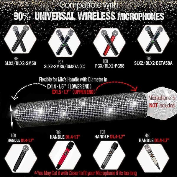 Microphone Handle Cover, Glittering Bling Crystals Microphone Handle Sleeve for Party & TV Show, for Most Wireless Microphones