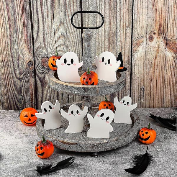 Cute Ghost Halloween Decorations Indoor, 6pcs Halloween Spooky Decorations, Wooden Shelf Decor Table Sign, Ghost Sign