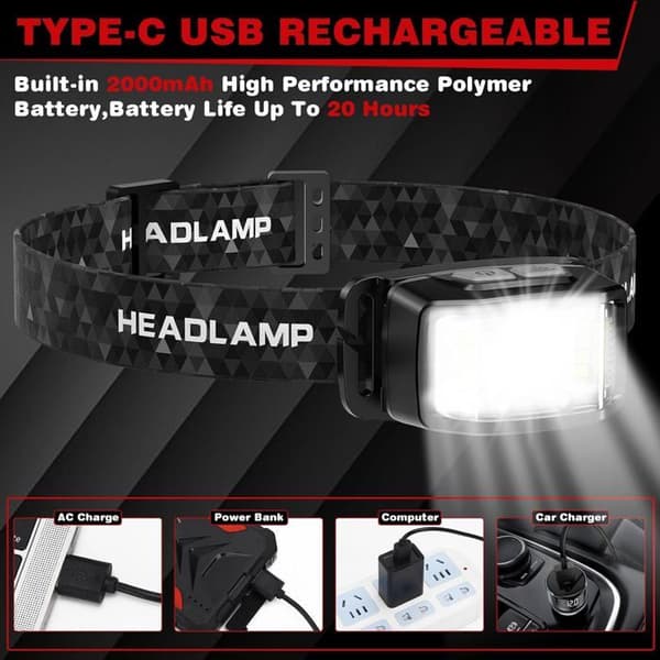 2-pakning ultrastarke LED-hodelykter, 2000 lumen, bevegelsessensor, for fiske, camping, sykling, løping