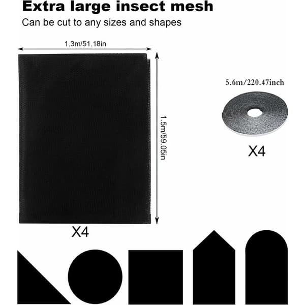 4 pcs Window Mosquito Net, 150x130cm Insect Net Window Mesh Net Mosquito Net with 4 Self-Adhesive Tapes, Cuttable Mosquito Net, for Windows by Di